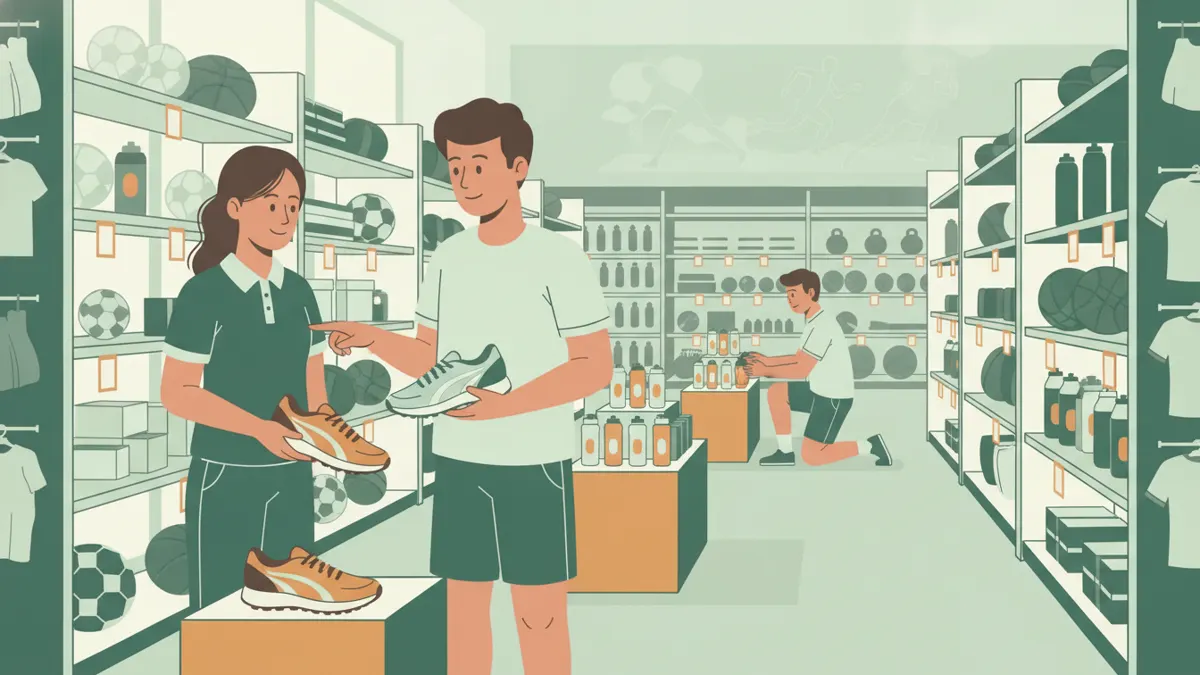 Illustration : dans un magasin d'articles de sport, une stagiaire en polo conseille un client qui compare deux paires de chaussures de course, pendant qu'un autre stagiaire installe une présentation de produits en tête de gondole.