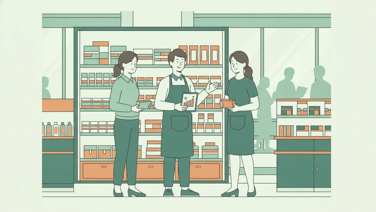 Illustration : dans un magasin lumineux, une étudiante en tablier, une tablette à la main, explique à deux collègues la nouvelle mise en rayon qu'elle vient d'installer.