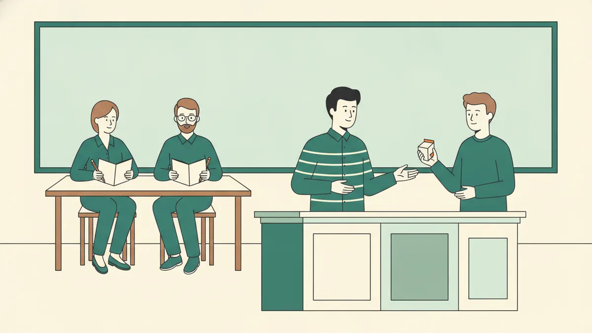 Illustration : un étudiant en chemise joue une scène de vente face à un camarade qui fait le client, derrière un comptoir installé dans la salle de classe ; deux enseignants assis prennent des notes comme un jury.