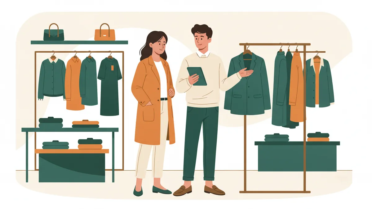 Illustration : dans une boutique de vêtements, un étudiant tenant une tablette conseille une cliente devant un portant de vestes.