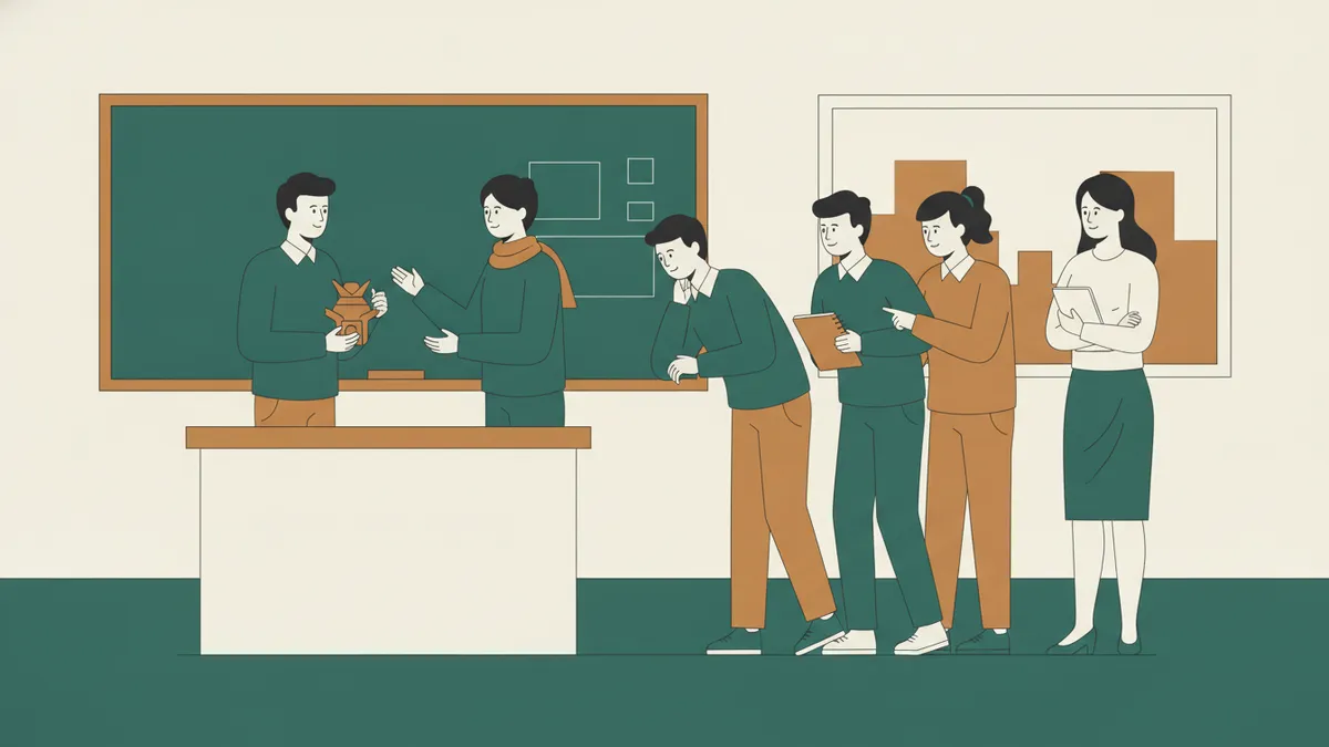 Illustration : en classe, deux étudiants simulent une vente de part et d'autre d'un comptoir pendant que leurs camarades et un enseignant observent et prennent des notes.