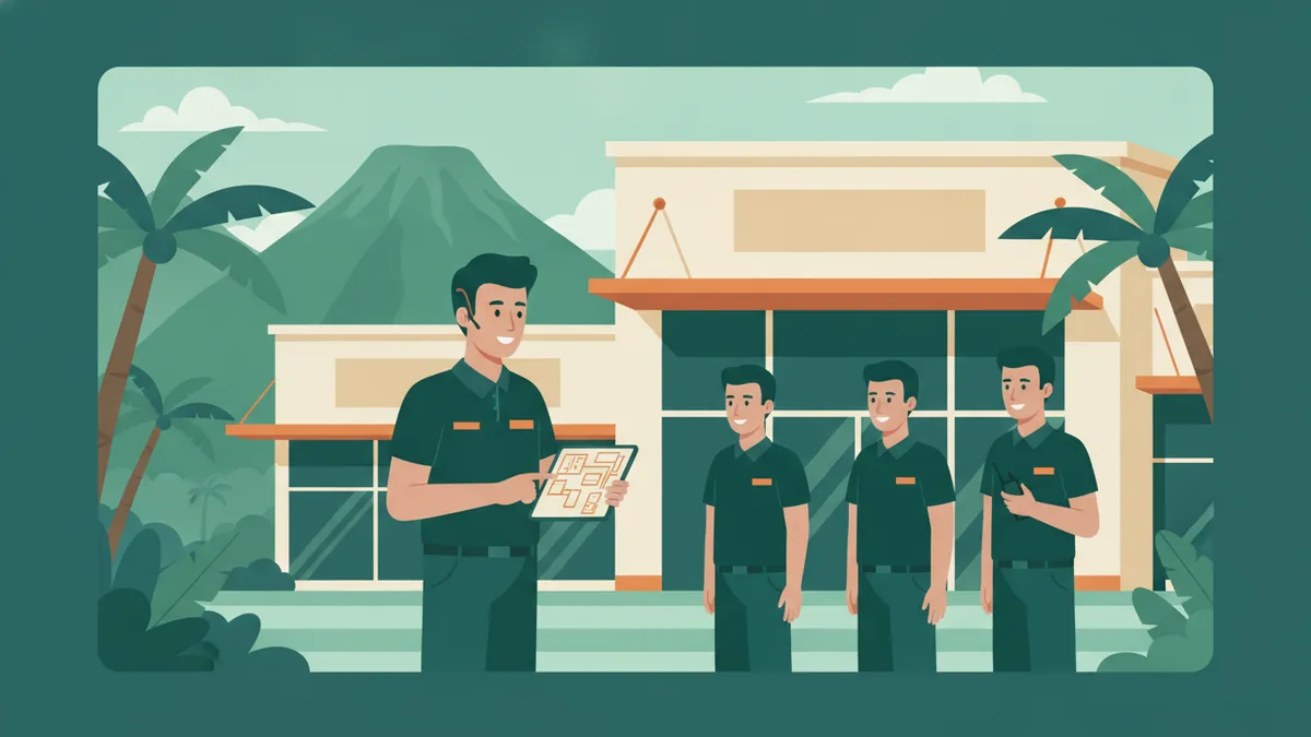 Illustration : devant l'entrée d'un centre commercial, entre palmiers et montagnes volcaniques, un jeune chef d'équipe en polo sombre montre un plan de site sur une tablette à trois agents de sécurité alignés face à lui.