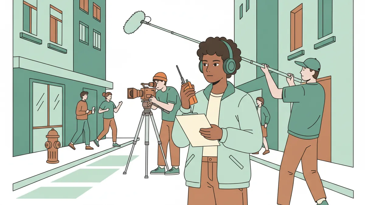 Illustration : dans une rue, un étudiant avec un casque audio, un talkie-walkie et un porte-bloc coordonne un petit tournage ; derrière lui, un cadreur règle sa caméra sur trépied et un perchiste tend son micro.
