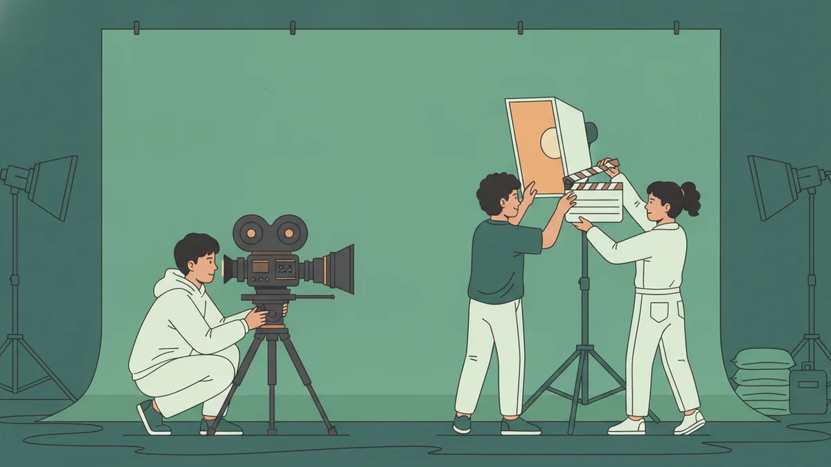 Illustration : sur un plateau de tournage devant un grand fond vert, un étudiant accroupi cadre derrière une caméra sur trépied ; deux camarades règlent un projecteur et tiennent un clap.