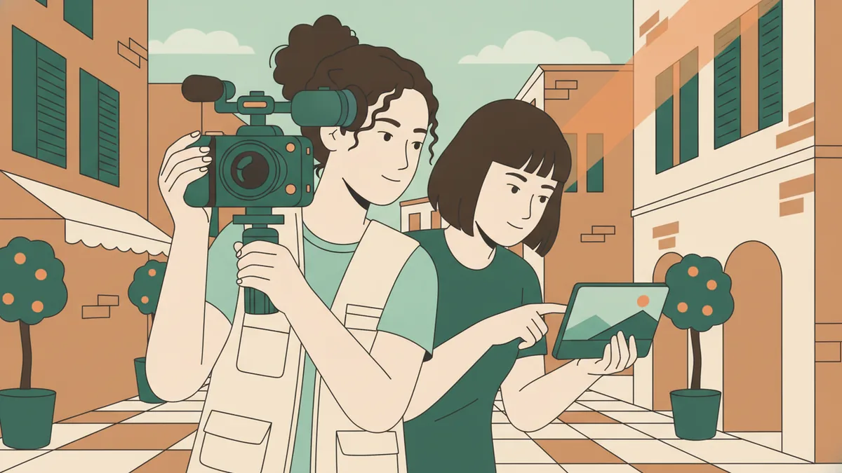 Illustration : dans une rue ensoleillée aux façades ocre, une étudiante porte une caméra à l'épaule montée sur un stabilisateur ; sa camarade vérifie l'image sur un petit moniteur.