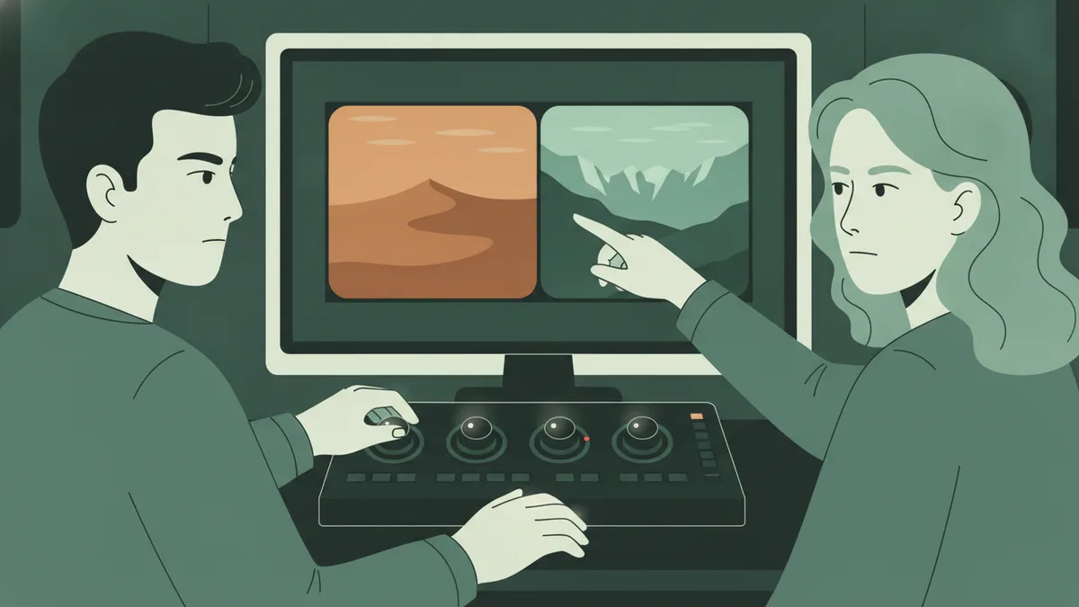 Illustration : deux étudiants côte à côte devant un poste d'étalonnage ; l'un tourne les boules d'une console, l'autre montre à l'écran deux versions d'un même plan, l'une chaude, l'autre froide.