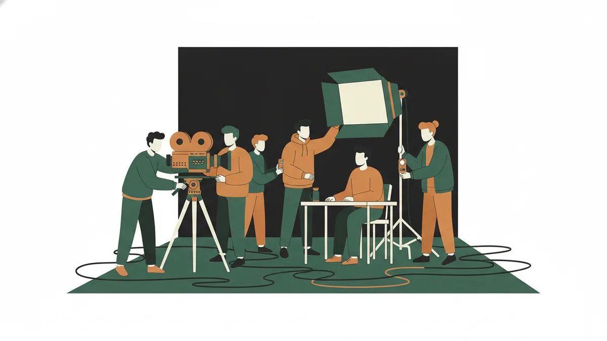 Illustration : sur un petit plateau de tournage au fond noir, des étudiants forment une équipe image ; l'un cadre derrière une caméra sur trépied, un autre règle un grand panneau lumineux, une autre mesure la lumière près d'un comédien assis à une table.