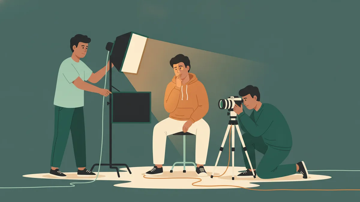 Illustration : dans un petit studio sombre, un étudiant règle une boîte à lumière pour éclairer le visage d'un camarade assis sur un tabouret, pendant qu'un troisième, à genoux, regarde dans le viseur d'un appareil sur trépied.