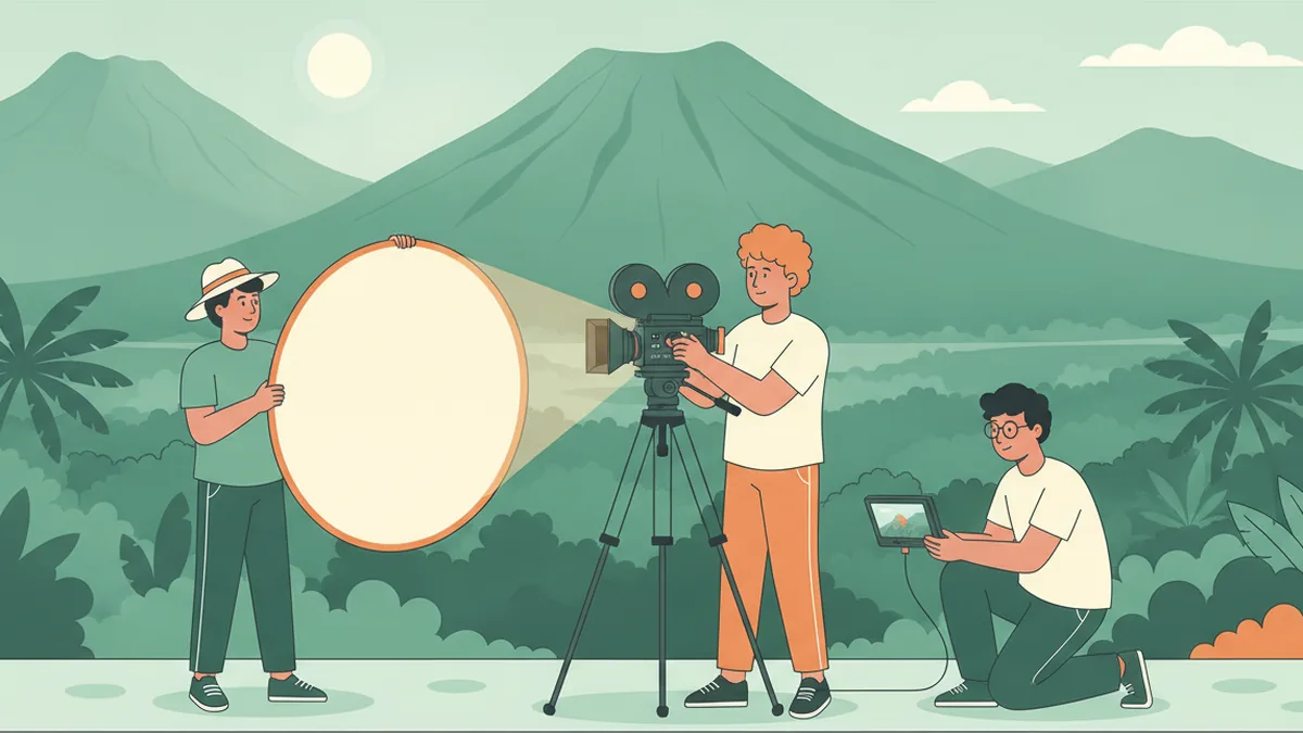 Illustration : tournage en extérieur devant des montagnes volcaniques vertes et une végétation tropicale ; un étudiant tient un grand réflecteur rond, un autre est derrière une caméra sur trépied, un troisième vérifie le cadre sur un moniteur.