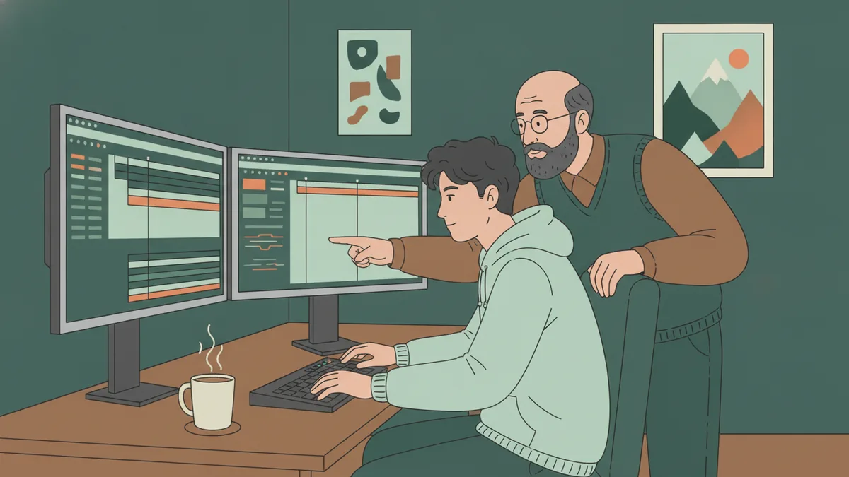 Illustration : dans les bureaux d'une petite société de production, un jeune apprenti monteur travaille devant deux écrans affichant une timeline ; son tuteur, debout derrière lui, pointe un plan à l'écran.