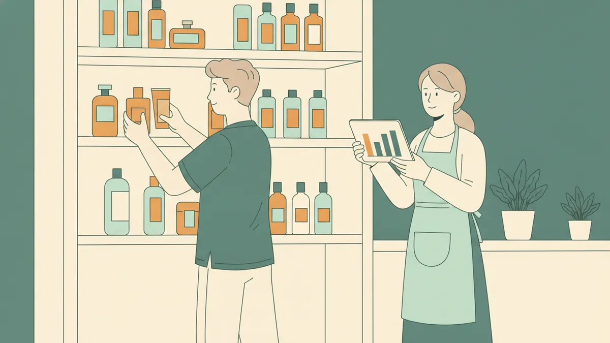 Illustration : dans l'arrière-boutique d'un salon, un apprenti range des flacons de soins sur une étagère pendant qu'une apprentie en tablier consulte un graphique de ventes sur une tablette.