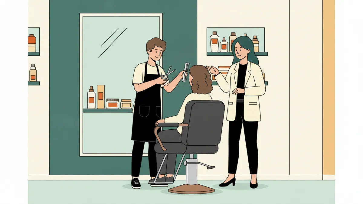 Illustration : dans un salon de formation lumineux, une jeune apprentie en tablier noir coupe les cheveux d'une cliente devant un grand miroir, sous le regard d'une formatrice en blouse blanche qui la conseille.
