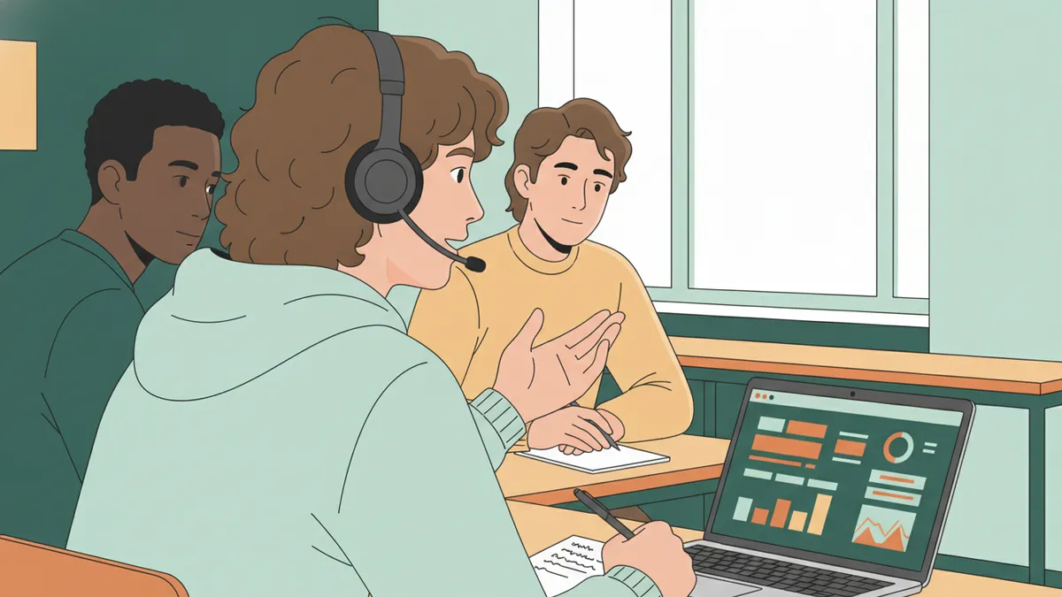 Illustration : en salle de cours, un étudiant équipé d'un casque-micro simule un appel de vente pendant qu'un camarade prend des notes ; un ordinateur portable affiche un tableau de suivi des clients.