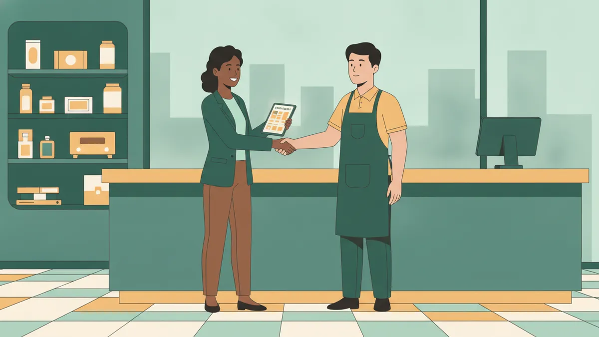 Illustration : dans le showroom d'une petite entreprise, une jeune apprentie commerciale, tablette à la main, serre la main d'un commerçant en tablier derrière son comptoir.