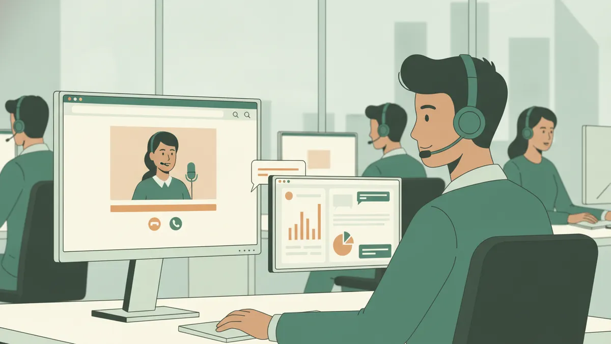 Illustration : dans un open space commercial, un jeune apprenti avec un casque micro parle à un client en visioconférence ; sur un second écran, le tableau de bord d'un site marchand, une fenêtre de discussion et des graphiques de ventes ; des collègues travaillent derrière lui.