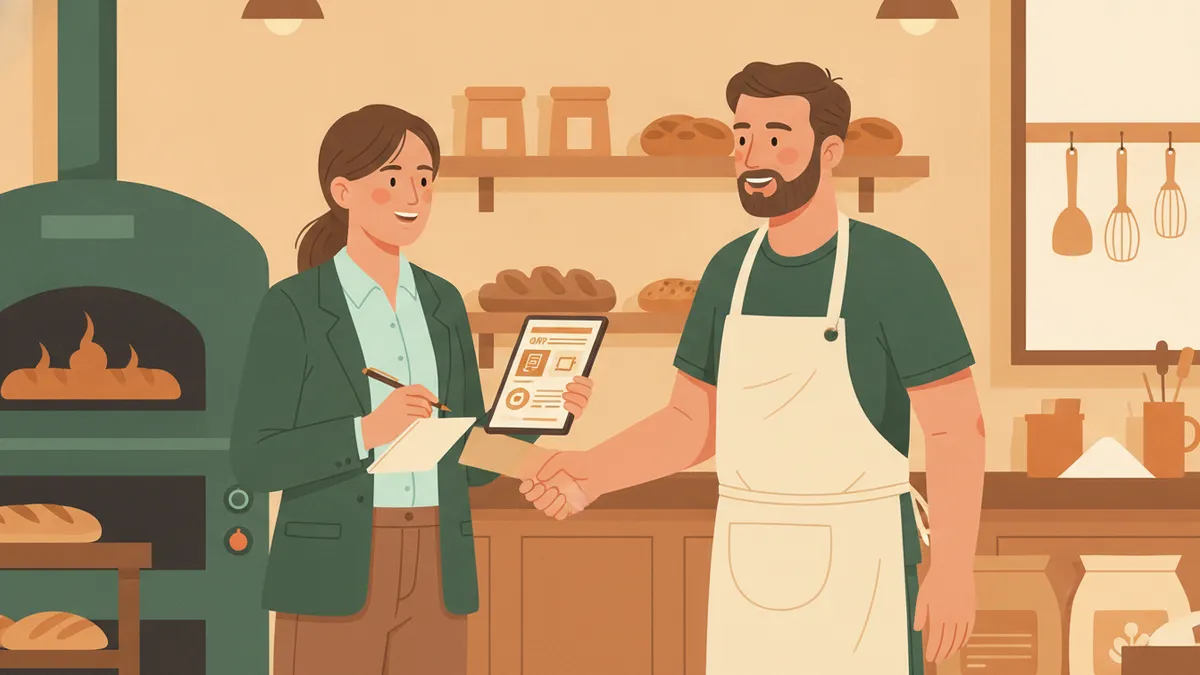 Illustration : dans une boulangerie, une jeune apprentie commerciale montre une offre sur sa tablette au boulanger en tablier ; elle prend des notes, il lui tend la main ; derrière eux, le four et des étagères de pains.