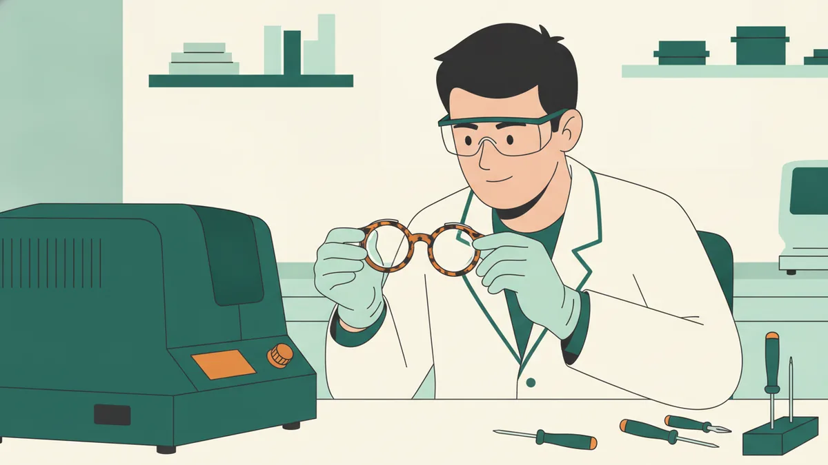 Illustration : un apprenti en blouse blanche, lunettes de protection et gants, contrôle une monture dont il vient de monter les verres ; à côté de lui, une meuleuse de verres et des petits tournevis.