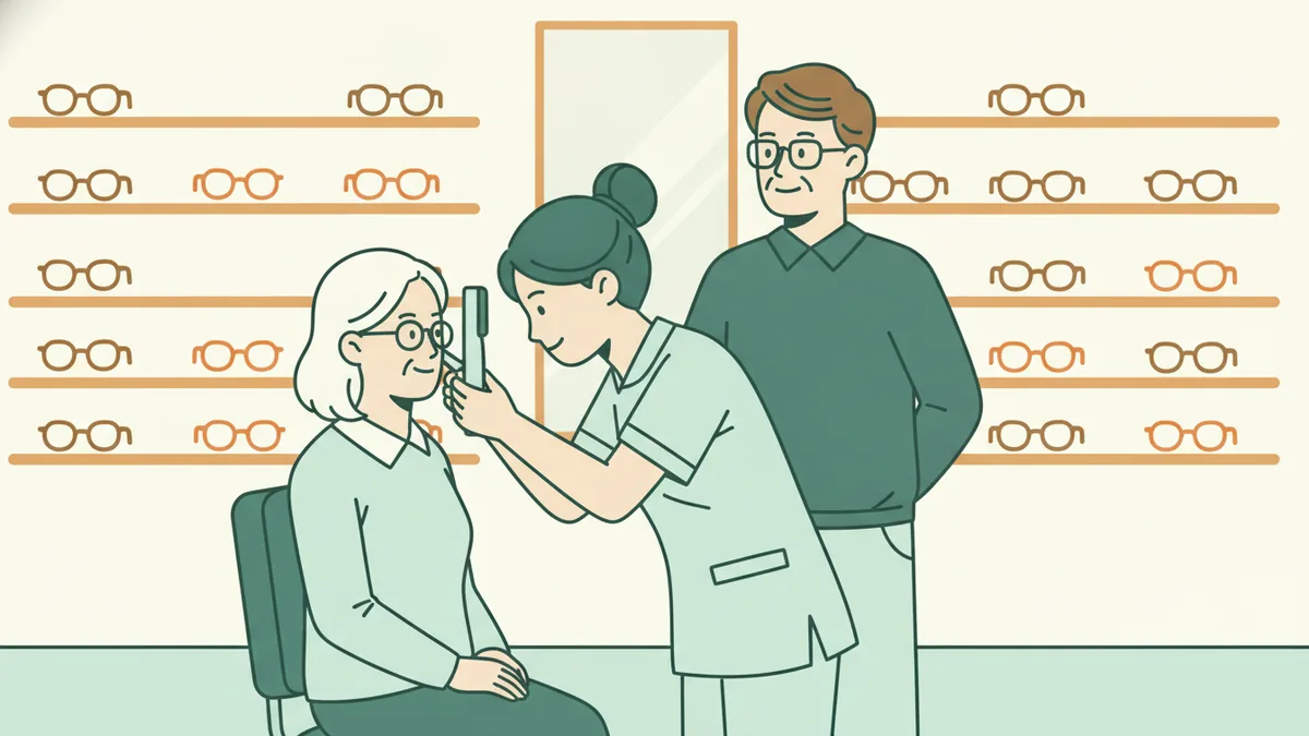 Illustration : dans un magasin d'optique aux murs couverts de montures, une jeune apprentie mesure l'écart entre les pupilles d'une cliente âgée avec un pupillomètre, sous le regard de son tuteur.
