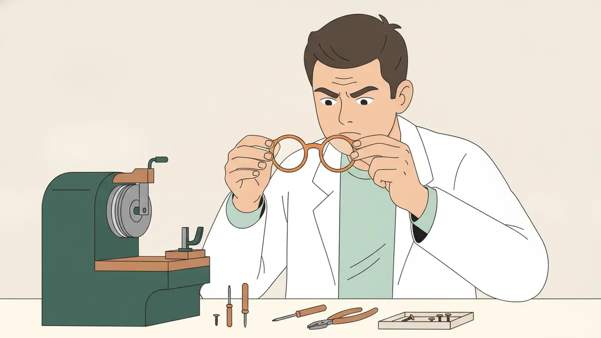 Illustration : gros plan sur un apprenti en blouse blanche qui ajuste un verre dans une monture, concentré, à côté d'une meuleuse à verres et de petits outils posés sur l'établi.