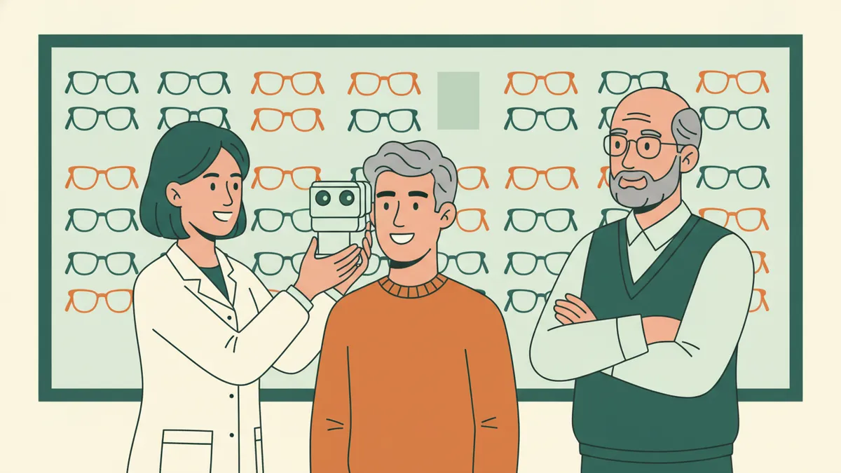 Illustration : dans un magasin d'optique, une jeune apprentie en blouse blanche mesure l'écart entre les pupilles d'un client souriant avec un pupillomètre, sous le regard de l'opticien confirmé ; un mur de montures derrière eux.
