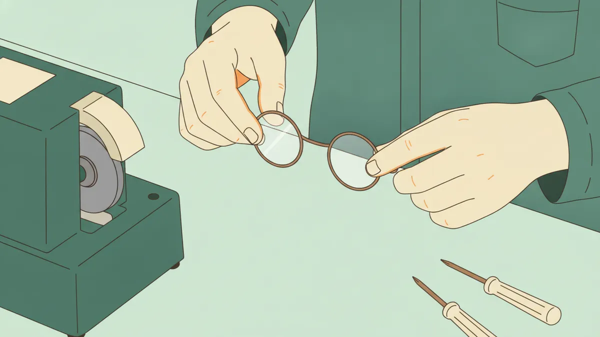 Illustration : gros plan sur les mains d'un apprenti qui clipse un verre fraîchement taillé dans une fine monture métallique, à côté d'une meuleuse à verres et de petits tournevis.