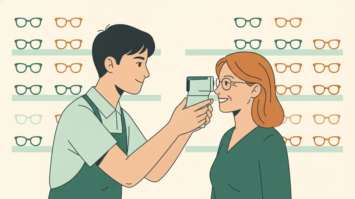 Illustration : un jeune apprenti opticien en tablier vert mesure l'écart entre les pupilles d'une cliente souriante avec un pupillomètre, devant un mur de montures.