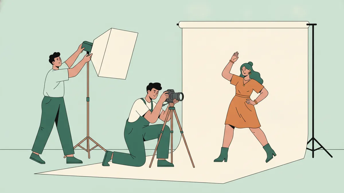 Illustration : dans un studio photo, un étudiant règle une grande boîte à lumière, un autre, accroupi derrière un appareil sur trépied, photographie une étudiante qui pose sur un fond de papier blanc.