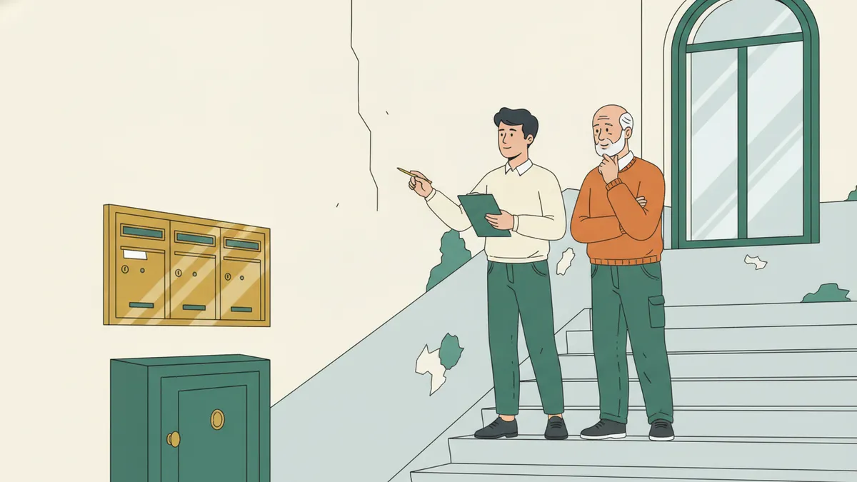 Illustration : dans la cage d'escalier d'un immeuble ancien, un jeune apprenti, un bloc-notes à la main, constate une fissure dans le mur avec un gestionnaire ; à côté, des boîtes aux lettres et une armoire de compteurs.