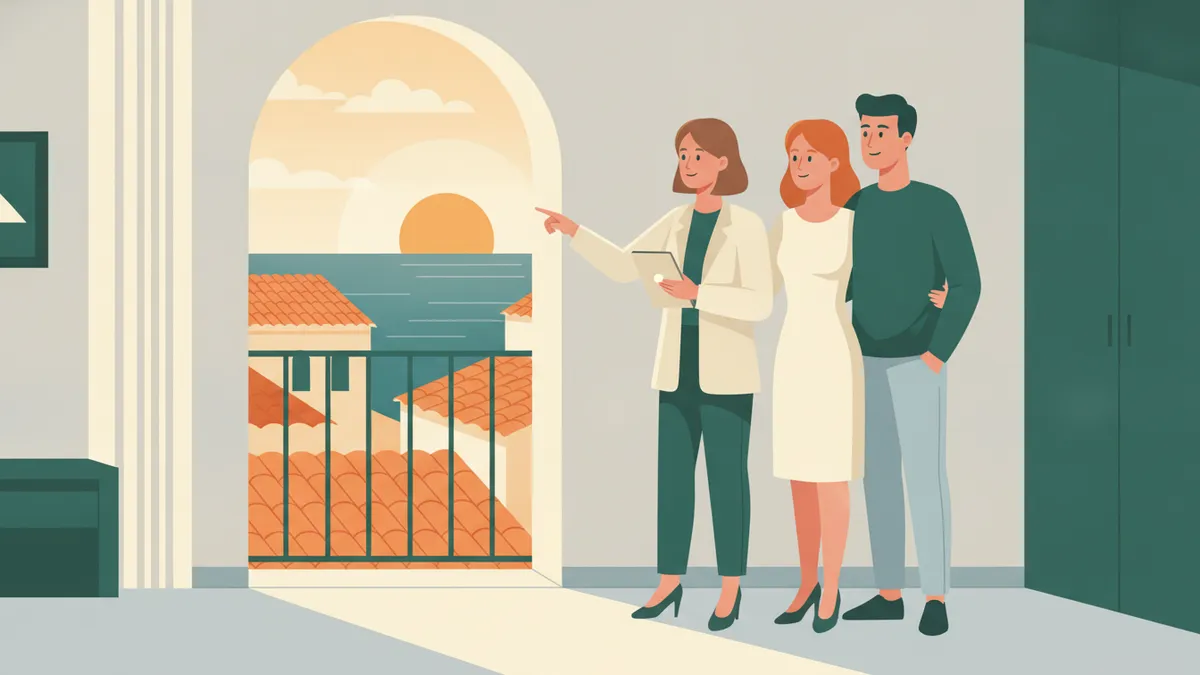 Illustration : une jeune apprentie, tablette à la main, fait visiter un appartement lumineux à un couple et leur montre le balcon qui donne sur des toits de tuiles et la mer.