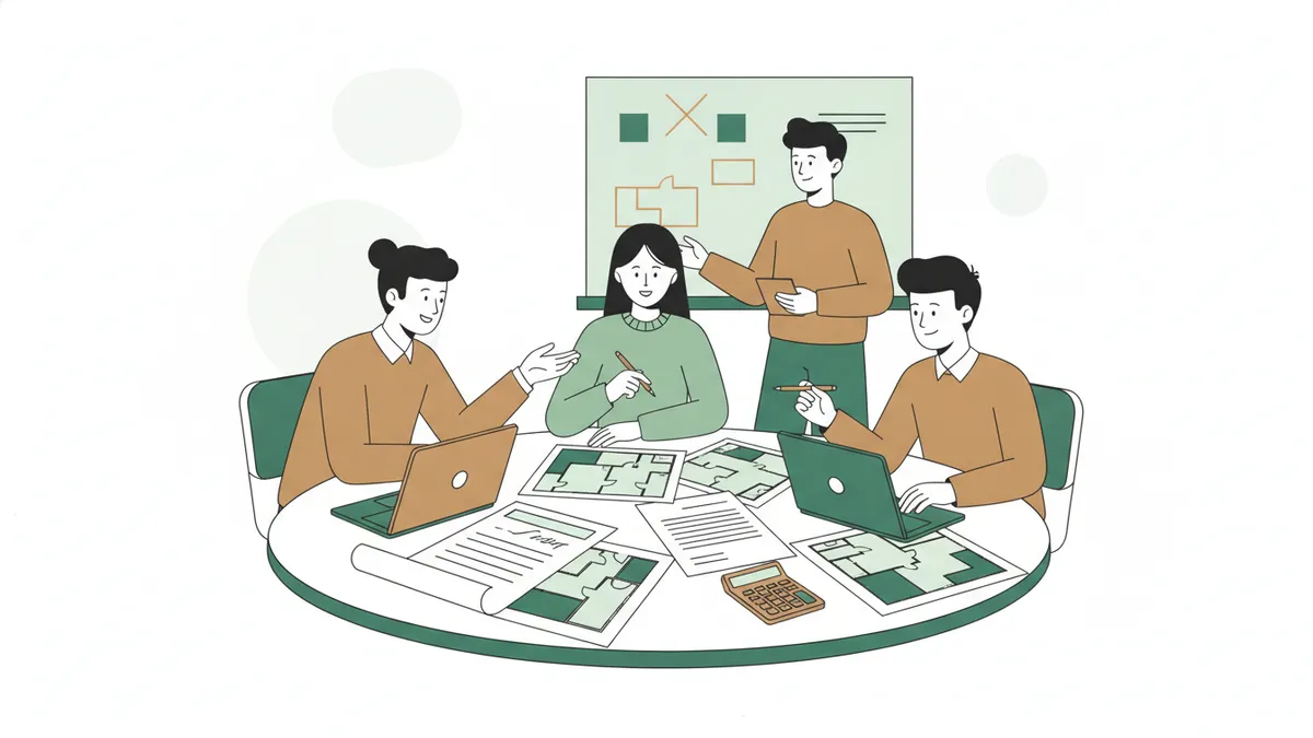 Illustration : dans une salle de cours, trois apprentis étudient un cas de gestion locative autour d'une table couverte de plans d'appartements, d'un contrat, d'une calculatrice et d'ordinateurs ; un formateur se tient près d'un tableau blanc.