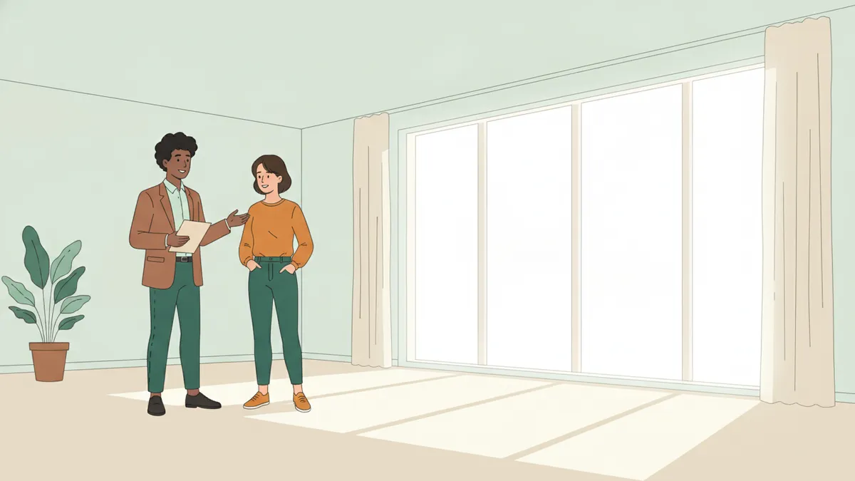 Illustration : dans un appartement vide et lumineux, un jeune apprenti agent immobilier en veste tient un dossier et fait visiter les lieux à une cliente, devant une grande baie vitrée.
