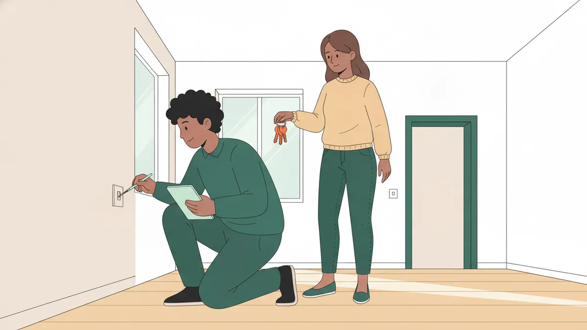 Illustration : dans un appartement vide, un apprenti accroupi vérifie une prise électrique et note sur sa tablette pendant l'état des lieux de sortie, la locataire attend avec les clés à la main.