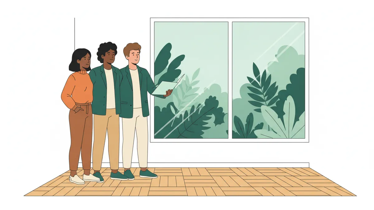 Illustration : un jeune apprenti agent immobilier, dossier sous le bras, fait visiter le salon lumineux d'un appartement vide à un jeune couple en montrant la grande fenêtre.