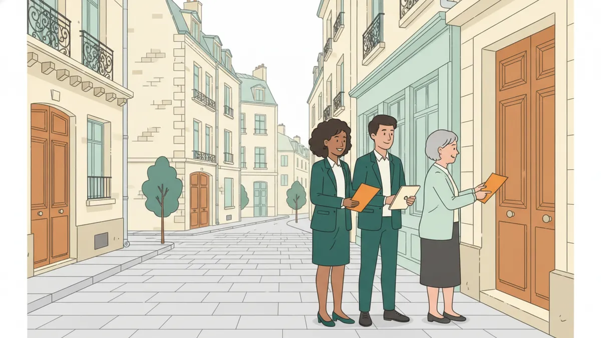 Illustration : dans une rue d'immeubles anciens, deux étudiants en tenue professionnelle font du porte-à-porte ; l'une tend un prospectus à une habitante sur le pas de sa porte, sous le regard d'une professionnelle de l'immobilier.