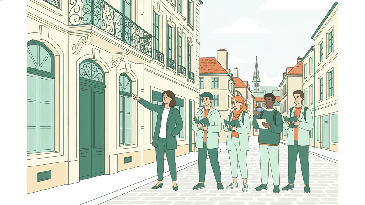 Illustration : dans une rue ancienne, une enseignante montre la façade d'un immeuble à balcons à un groupe d'étudiants qui prennent des notes et des photos.