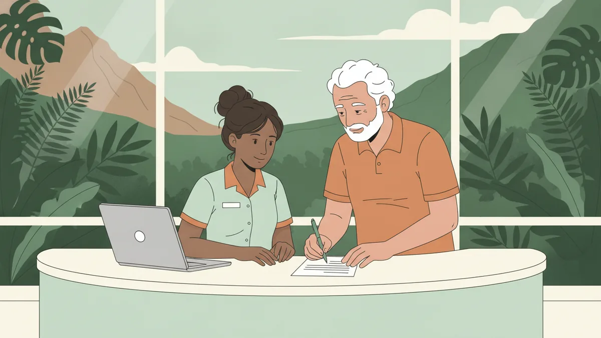 Illustration : à l'accueil d'une association, une étudiante aide un homme âgé à remplir un formulaire papier, un ordinateur portable ouvert à côté d'elle ; par la baie vitrée, des plantes tropicales et des montagnes.