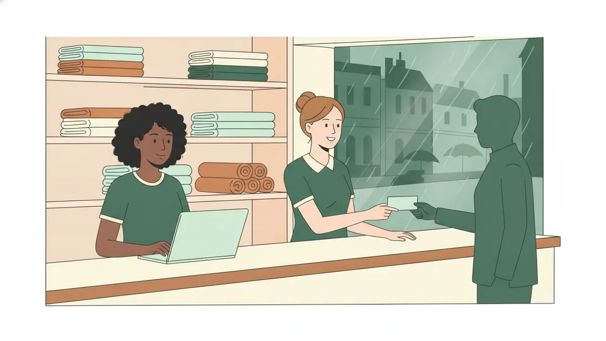 Illustration : deux jeunes stagiaires derrière le comptoir d'accueil d'un centre de jour, l'une saisit des informations sur un ordinateur, l'autre tend une carte à un visiteur ; derrière elles, des étagères de serviettes pliées et une rue pluvieuse par la fenêtre.