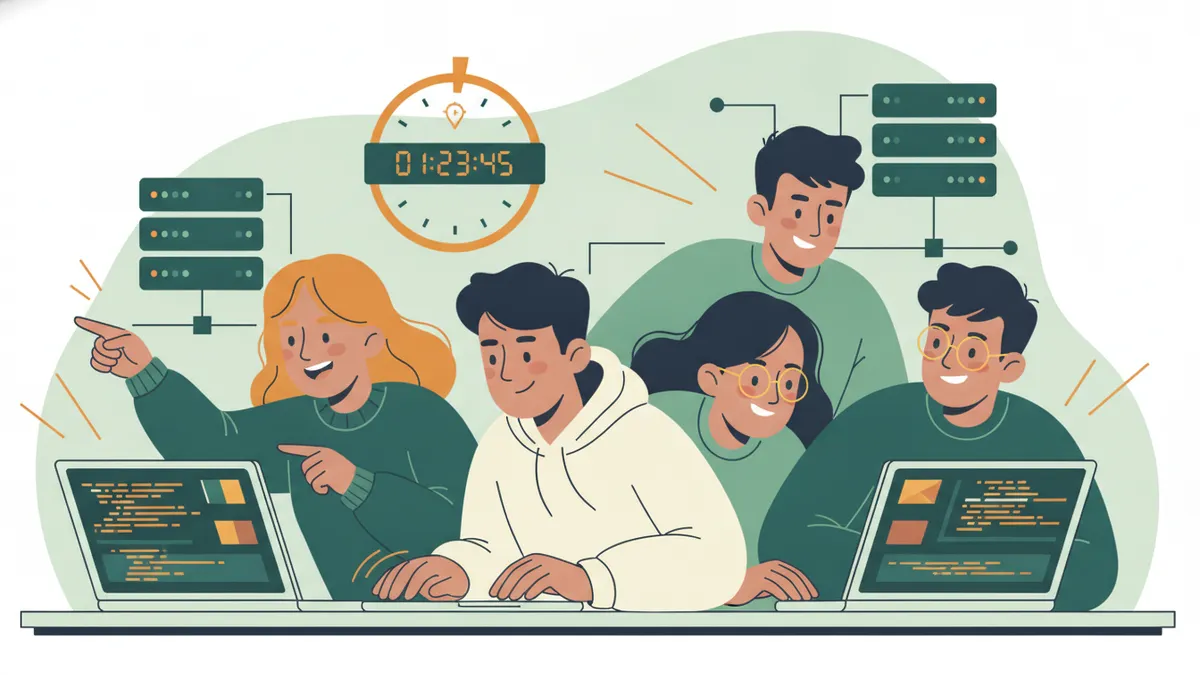 Illustration : cinq étudiants serrés autour de deux ordinateurs portables pendant un challenge de cybersécurité ; l'une pointe l'écran, un autre tape vite, un chronomètre est accroché au mur.