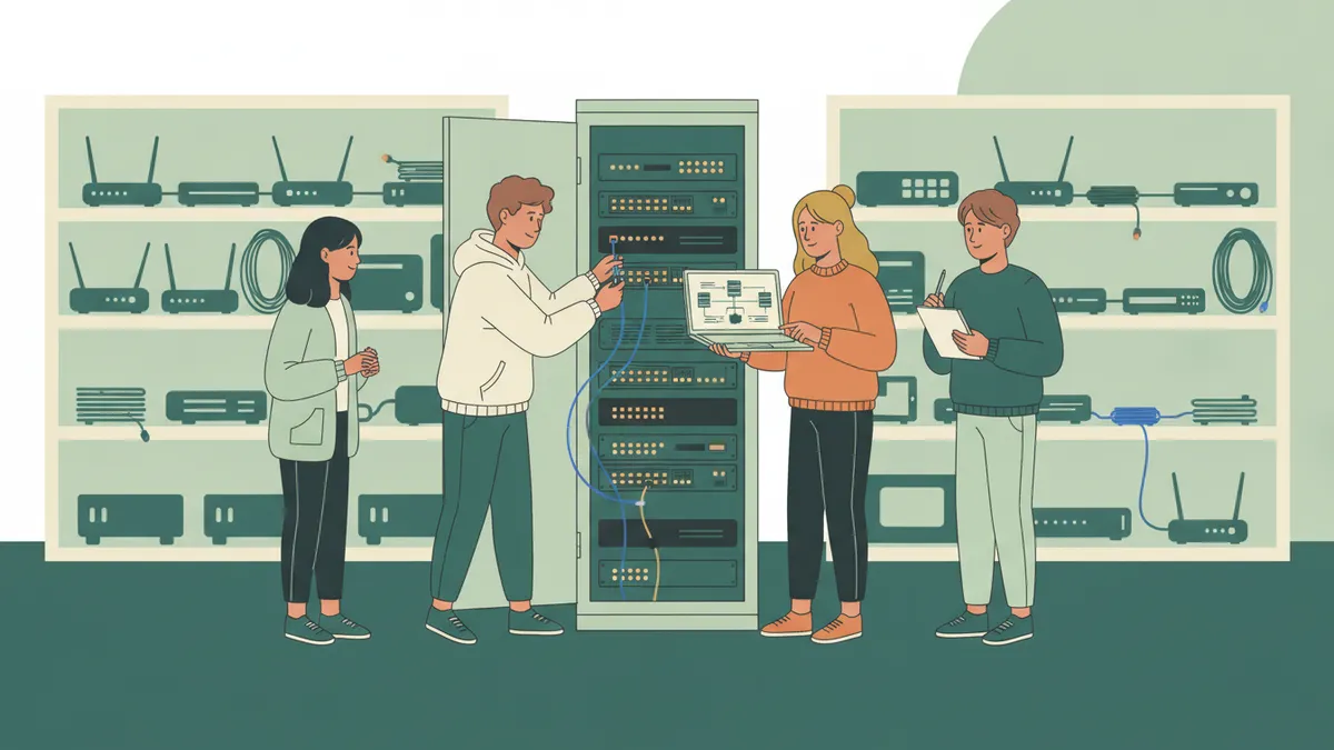 Illustration : dans une salle de réseaux, quatre étudiants autour d'une baie de serveurs ouverte ; l'un branche un câble sur un switch, une autre vérifie un schéma de réseau sur son ordinateur portable.