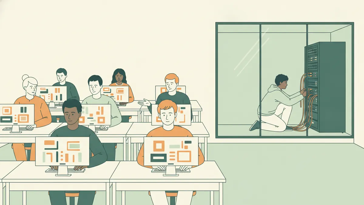 Illustration : une salle d'informatique lumineuse, avec des rangées de postes où des étudiants travaillent en binôme ; au fond, derrière une paroi vitrée, un étudiant agenouillé branche des câbles dans une baie de serveurs.