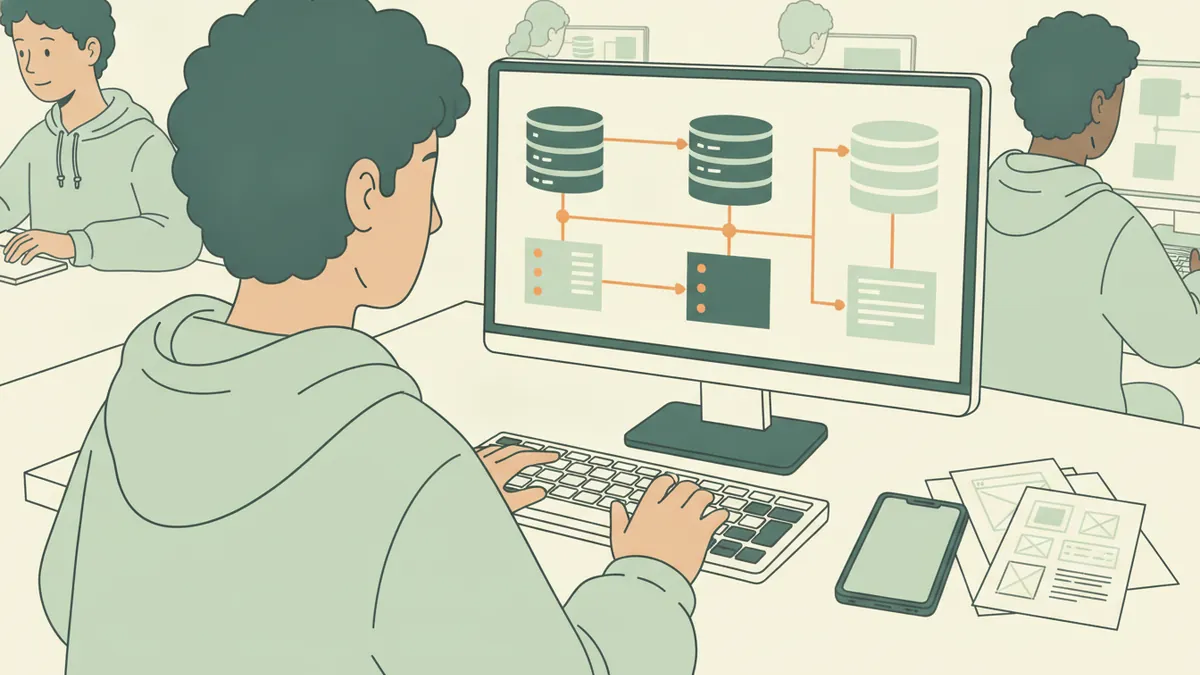Illustration : vu par-dessus l'épaule, un étudiant code sur un clavier ; l'écran affiche un schéma de base de données en blocs reliés par des flèches, un smartphone et des croquis d'écrans d'application sont posés sur le bureau.