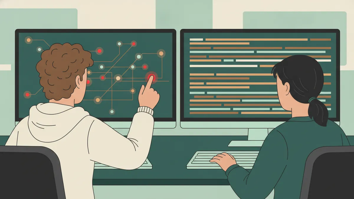 Illustration : vus de dos, deux étudiants devant deux grands écrans ; l'un montre du doigt un point rouge sur une carte de réseau, l'autre tape au clavier face à des lignes de journal colorées.