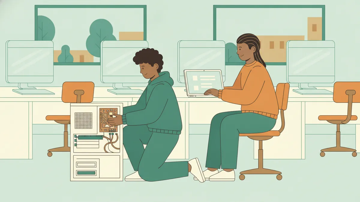 Illustration : dans une salle informatique, un étudiant agenouillé remplace un composant dans une tour d'ordinateur ouverte, pendant qu'une étudiante assise vérifie une liste de demandes sur un ordinateur portable.