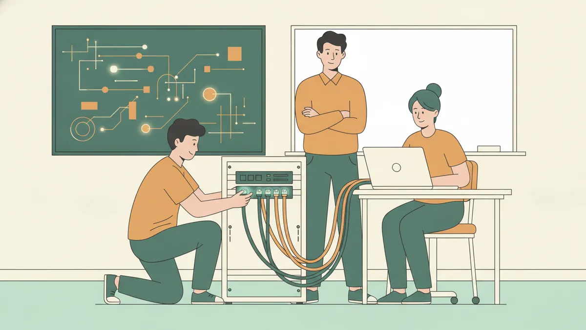 Illustration : dans une salle informatique, un étudiant agenouillé branche des câbles réseau dans une baie ; une étudiante vérifie la connexion sur un ordinateur portable, sous le regard d'un enseignant.