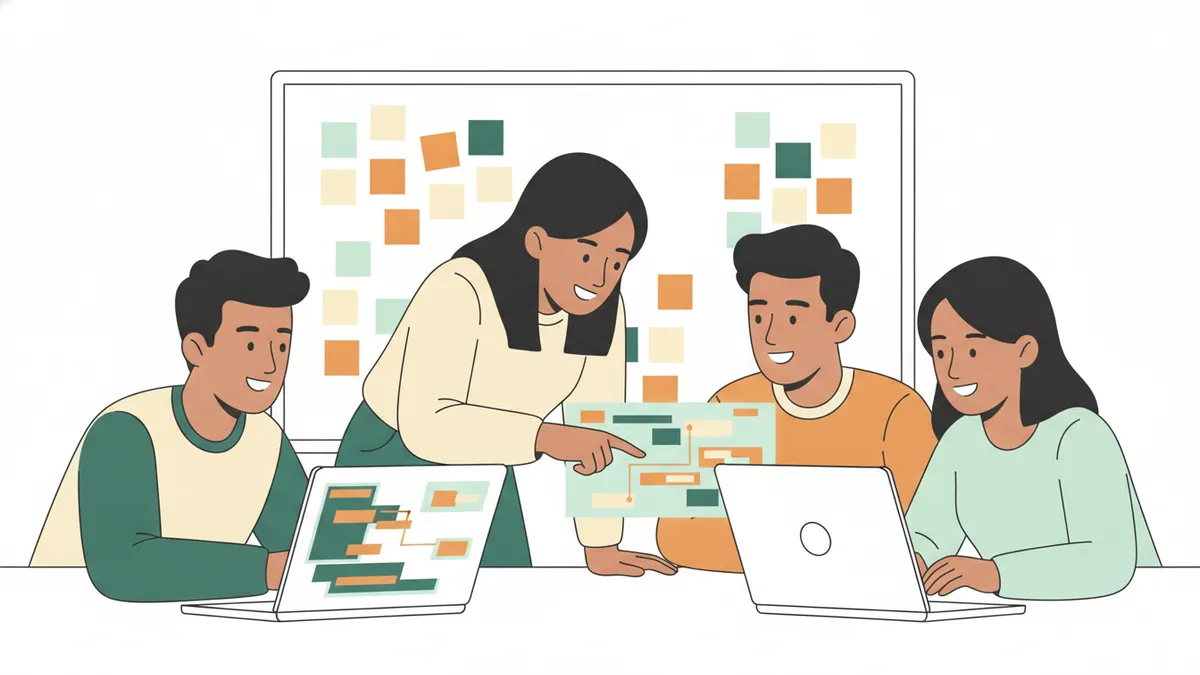 Illustration : quatre étudiants autour d'ordinateurs portables pendant un hackathon ; une étudiante désigne un schéma sur un écran, des post-it couvrent le tableau derrière eux.