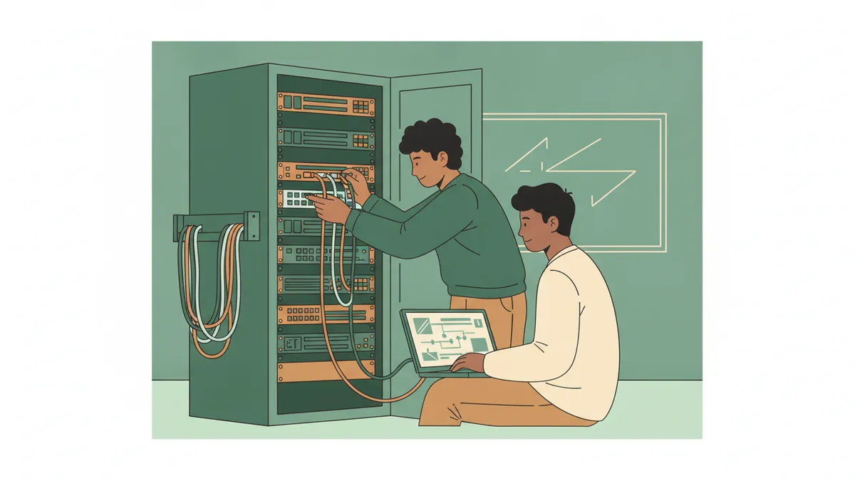 Illustration : dans une salle de réseaux, deux étudiants branchent des câbles de couleur sur des commutateurs montés dans une baie ouverte, l'un vérifie la configuration sur un ordinateur portable relié par un câble console.
