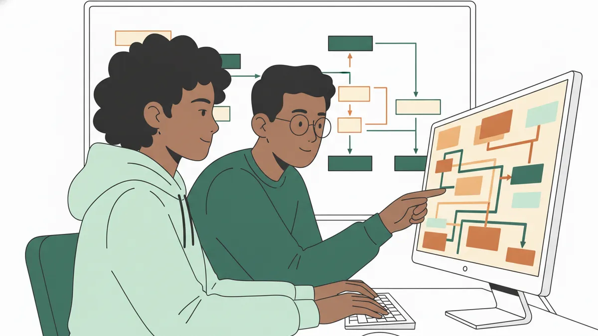 Illustration : deux étudiants assis côte à côte codent ensemble, l'un tape au clavier, l'autre montre des blocs de code colorés sur un grand écran ; derrière eux, un tableau blanc couvert de schémas en boîtes et flèches.