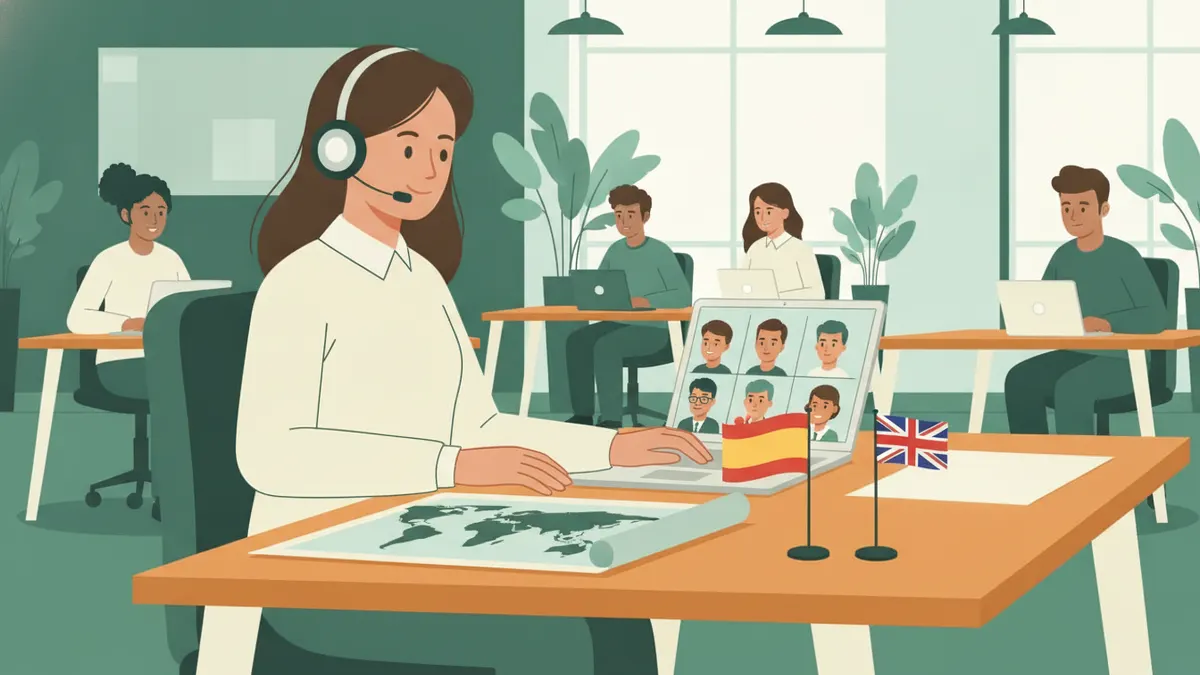 Illustration : une jeune stagiaire avec un casque micro, dans un open space lumineux, en visioconférence avec des collègues étrangers ; sur son bureau, une carte du monde et deux petits drapeaux, espagnol et britannique.