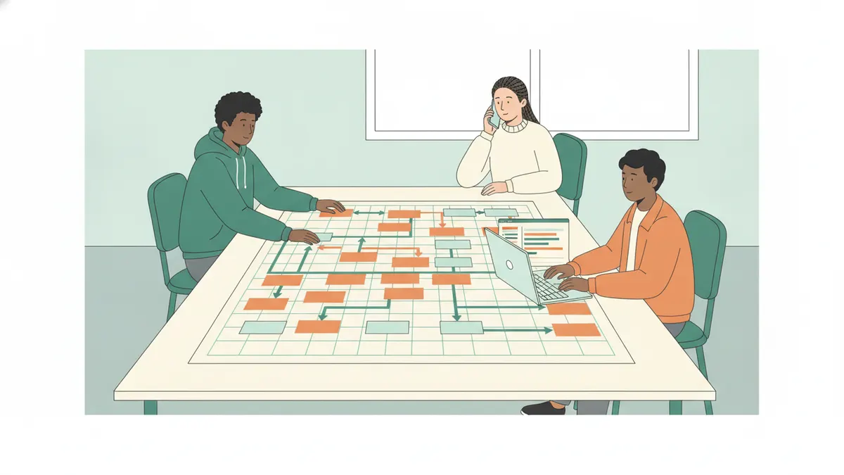 Illustration : trois étudiants autour d'une grande table couverte d'un planning de cartes colorées reliées par des flèches ; l'un déplace une carte, l'autre travaille sur un ordinateur portable, une troisième téléphone en arrière-plan.
