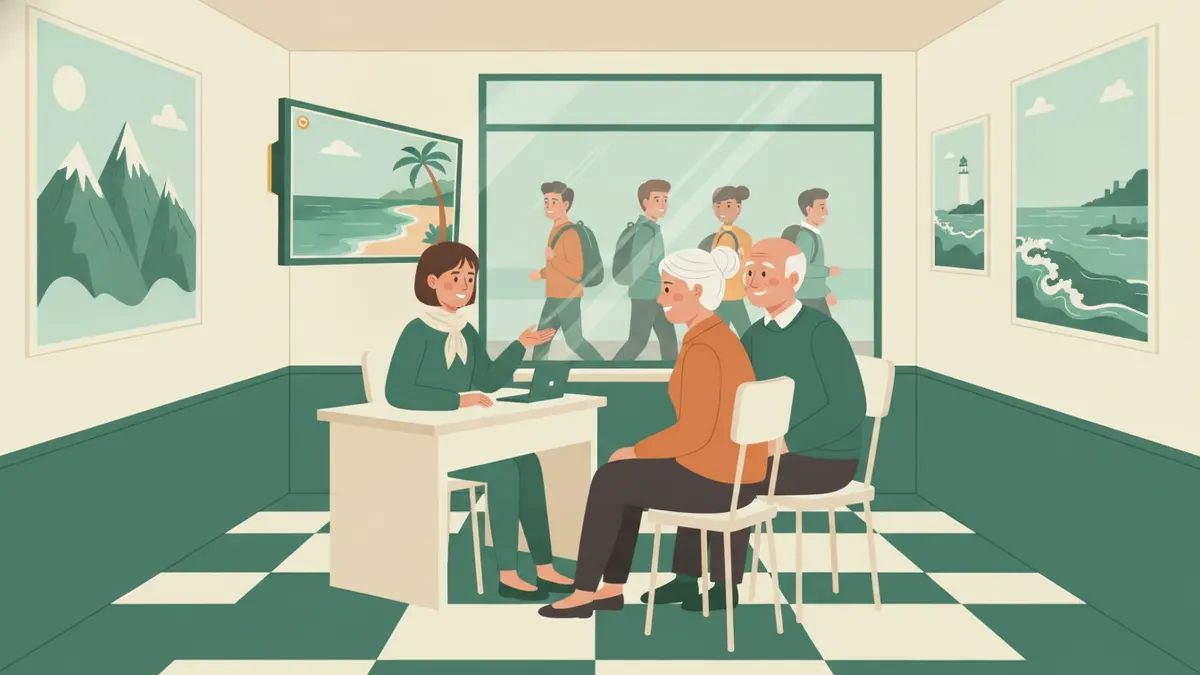 Illustration : dans une petite agence de voyages, une jeune apprentie assise à son bureau montre une destination sur son écran à un couple de retraités ; au mur, des affiches de montagne et de bord de mer.